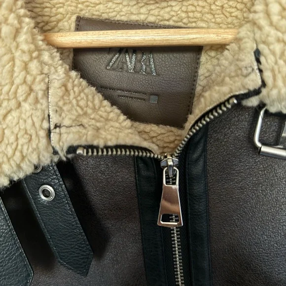 Zara Cropped Shearling-Lined Aviator Jacket - Dark Brown & Cream - Picture 4 of 5